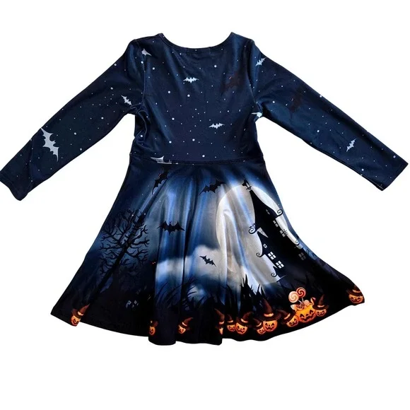 Halloween Dress Girls Size L 5-6 Bats Moon Spooky Kids Costume Holiday Party - Picture 7 of 10